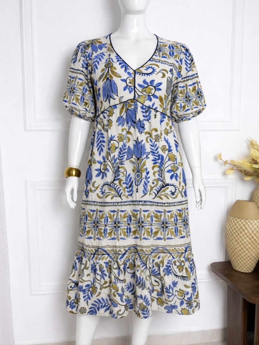 Fig & Flower Puff Sleeve Boho Tiered Floral Midi Dress